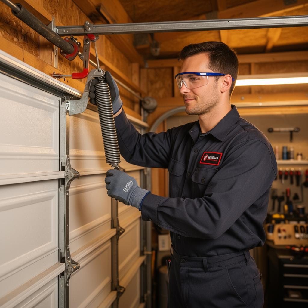 Professional garage door technician at work